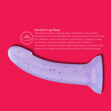 Detailed image of a purple dildo with a sturdy suction cup base, allowing for versatile hands-free enjoyment on various surfaces.